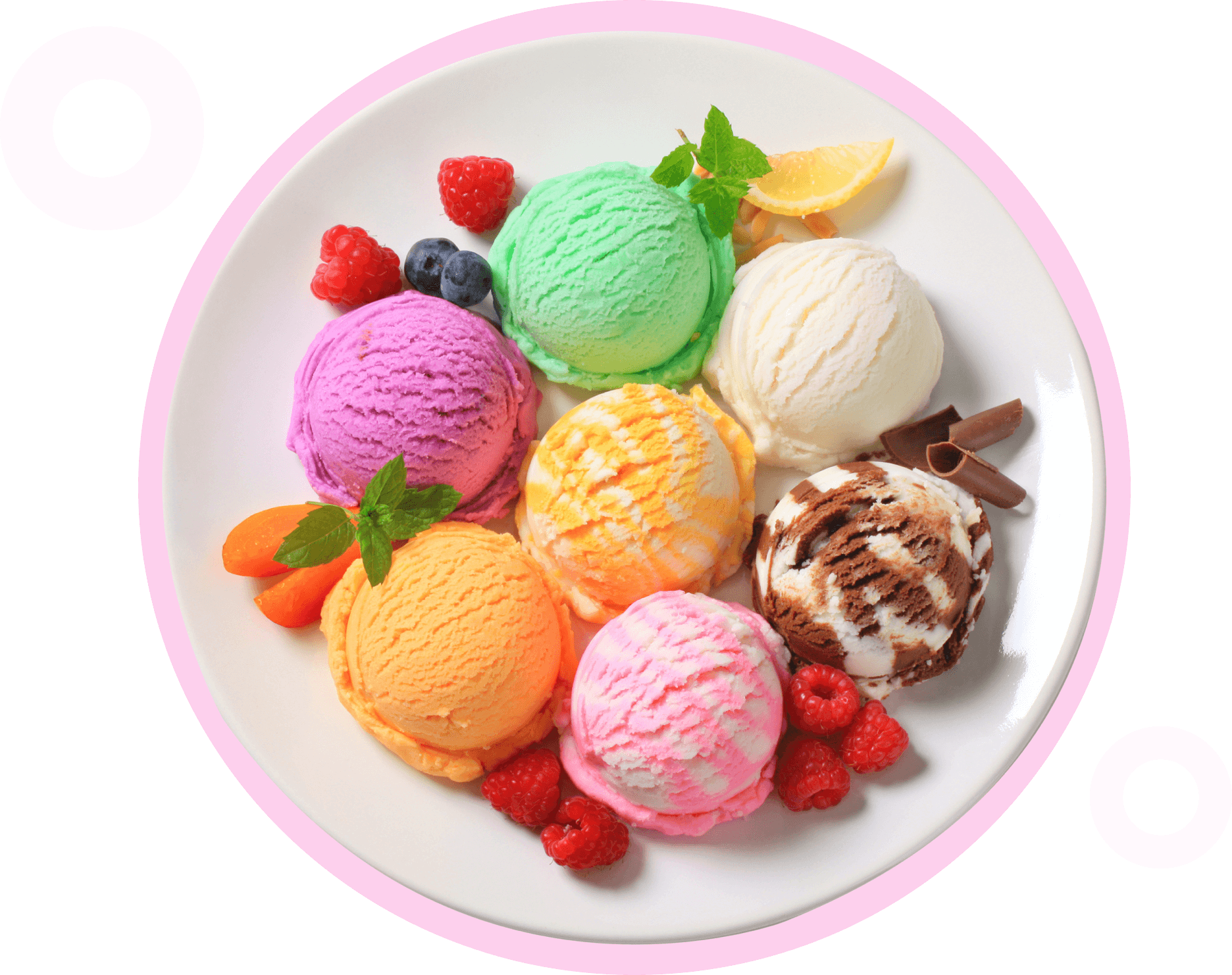 hero-image A round white plate contains seven scoops of colorful ice cream, arranged in a circular pattern, garnished with assorted fruits and mint leaves. A couple of chocolate curls are also visible on the plate.