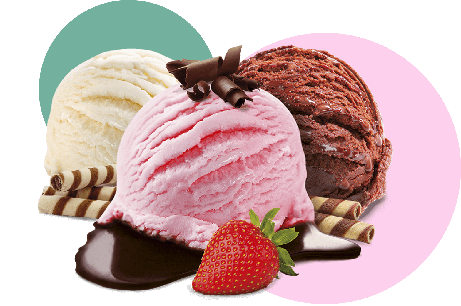 Three scoops of ice cream: vanilla, strawberry, and chocolate, with chocolate curls and wafer sticks, on partially melted chocolate next to a fresh strawberry, against green and pink backgrounds.